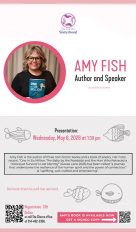 Poster: Sisterhood presentation by an author and speaker, Wednesday, May 6, 2026 at 1:30 pm