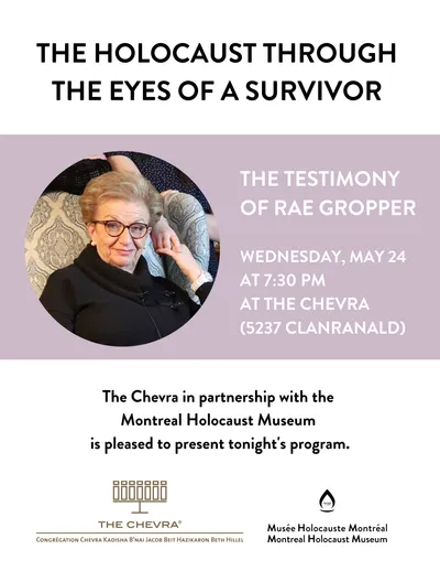 Poster: The Holocaust through the eyes of a survivor, Wednesday, May 24 at 7:30 pm