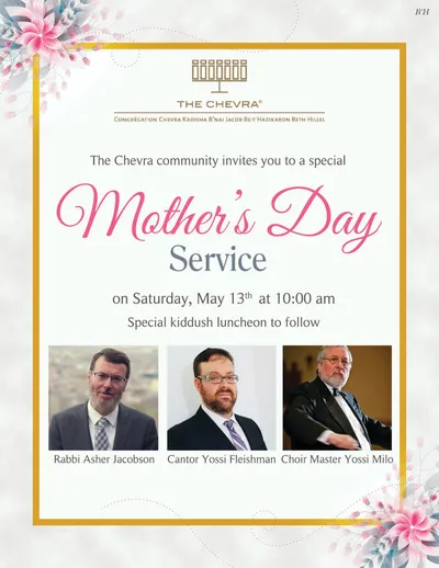 Poster: Mother's Day service, Saturday, May 13 at 10:00 am, with three clergy portraits