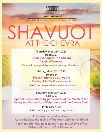 Poster: Shavuot at The Chevra, May 25 to 27, 2023, with a night of learning and dairy kiddush
