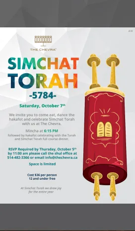 Poster: Simchat Torah 5784 celebration, Saturday, October 7, with an illustrated Torah scroll