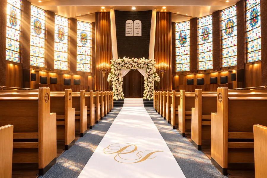 The sanctuary set for a wedding: a white aisle runner between the wooden pews leads to a chuppah covered in white and blush flowers, under the tablets of the Ten Commandments, with stained-glass windows on both sides.
