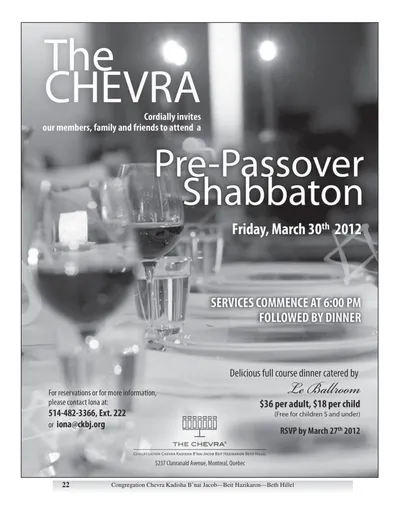 Black and white flyer: The Chevra Pre-Passover Shabbaton, Friday, March 30th 2012, over a photo of a set dinner table