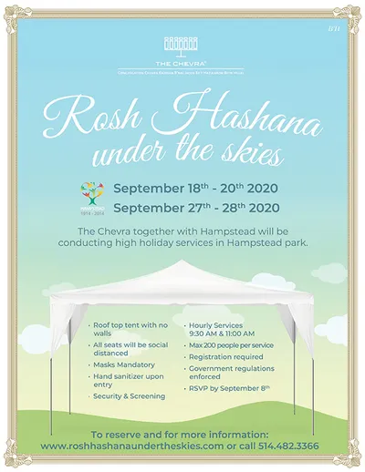 The shul's flyer: 'Rosh Hashana under the skies', a white tent on grass, with the dates and the safety rules