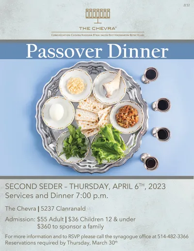 The shul's Passover Dinner flyer: a silver Seder plate and four cups of wine, Second Seder, Thursday April 6th 2023