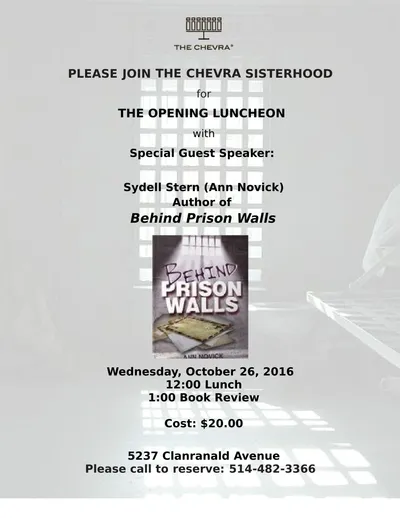 Flyer for the Sisterhood Opening Luncheon, 26 October 2016, with the book Behind Prison Walls