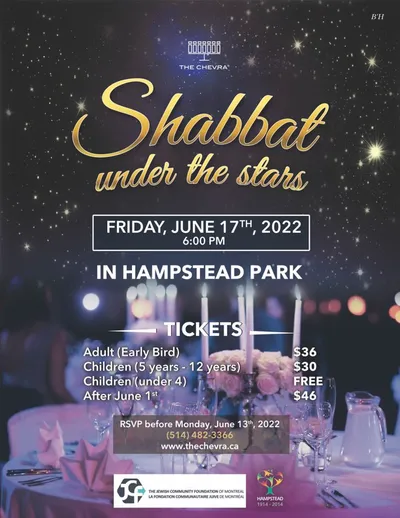 Poster for Shabbat Under the Stars, Friday, June 17, 2022, in Hampstead Park